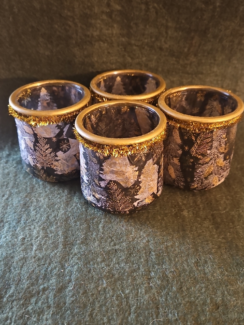 Festive Black & Gold Pine Tree Decopaged Jars/Votive Holders w/Candles. Qty 4 - Picture 2 of 7
